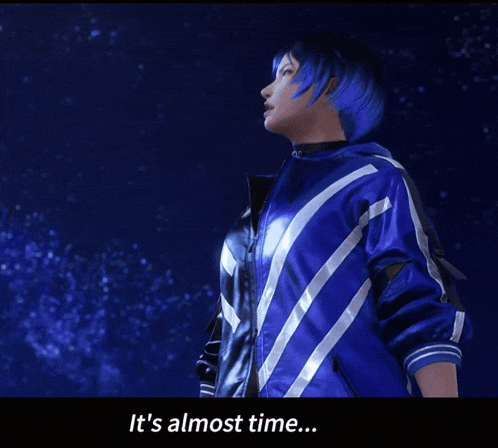 a screenshot of a video game character with the words it 's almost time below it