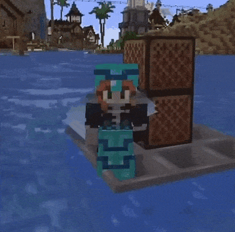 a girl is standing on a raft in the water in a video game .