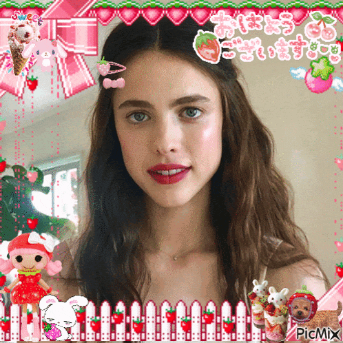 a picture of a woman with a strawberry hair clip on her head