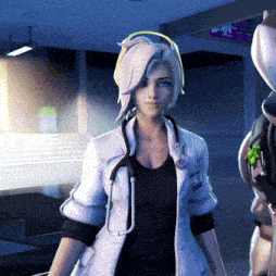 a woman in a lab coat with a stethoscope around her neck is standing in a dark room