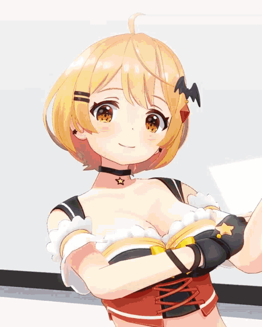 a girl with a bat on her head and a star on her neck