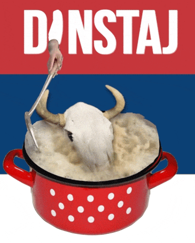 a red pot with white polka dots and a bull 's head in it with the word danstav above it