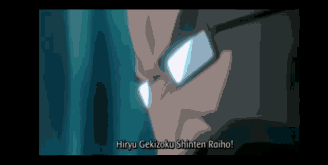 a close up of a man wearing glasses with a caption that says hiryu gekizoku shinten raiho !