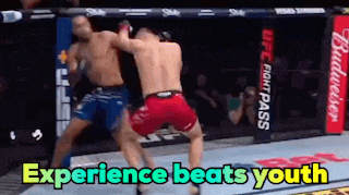two men are fighting in a boxing ring and the words experience beats youth are on the bottom
