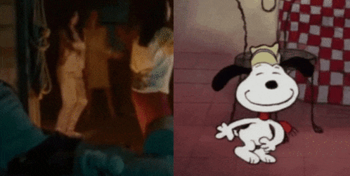 a cartoon of snoopy is standing next to a picture of a woman taking a shower .