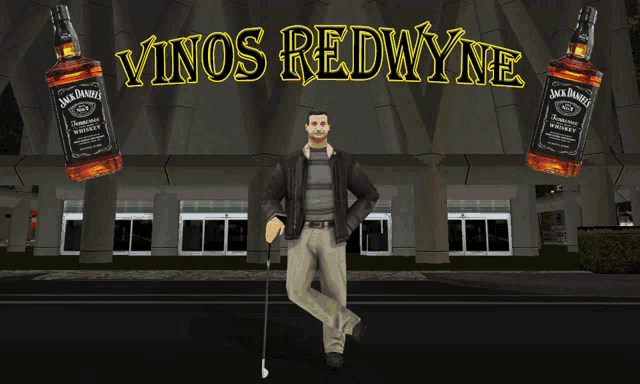 a man with a golf club stands in front of a jack daniels bottle
