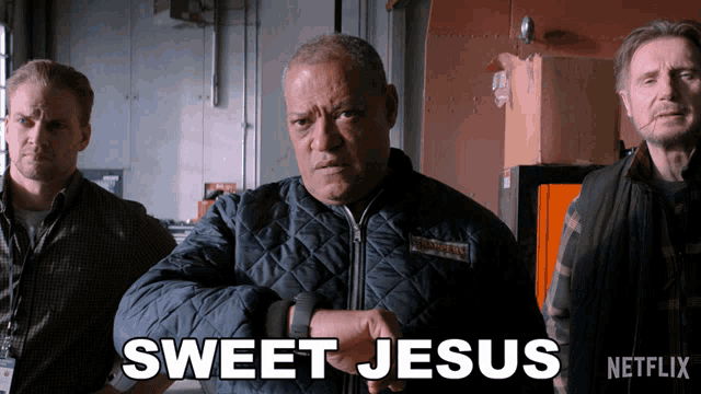 a man in a quilted jacket says sweet jesus in front of two other men
