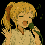 a girl is singing into a microphone with music notes above her head