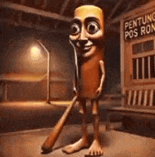 a cartoon character is holding a baseball bat in front of a building that says pentong pos ron .