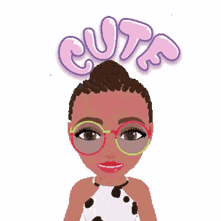 a cartoon of a woman wearing glasses with the word cute above her head .