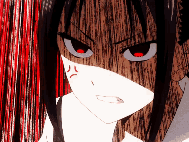 a close up of a cartoon character 's face with a red eye