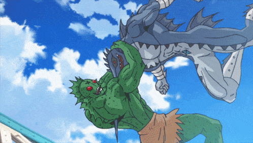 a cartoon of a monster fighting another monster with a blue sky in the background