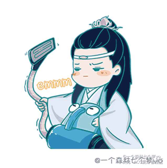 a cartoon of a man holding a vacuum cleaner with the word emmm written on the bottom