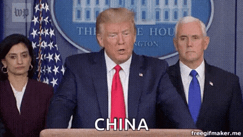 donald trump is giving a speech at a podium with the word china on it