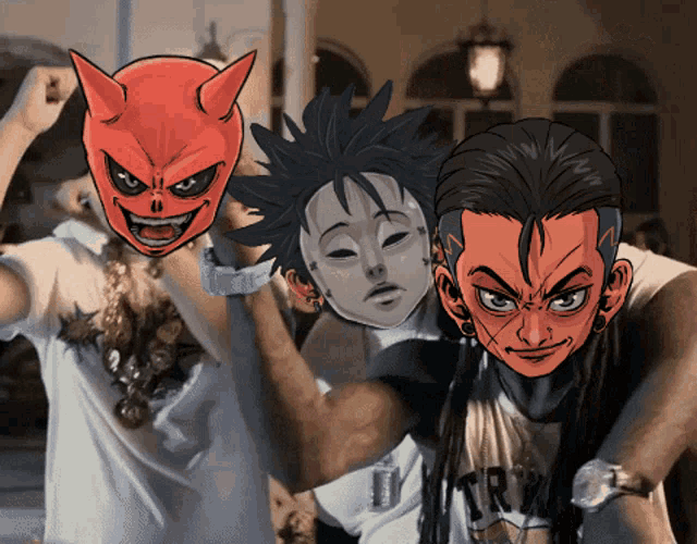 a man wearing a red mask with horns is surrounded by two other men