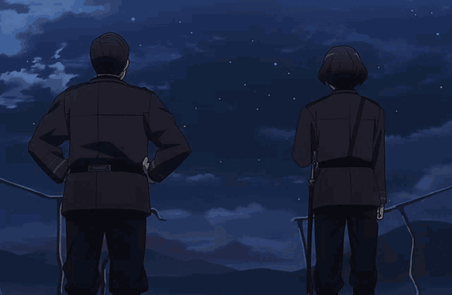 two men are standing on a balcony looking at the stars
