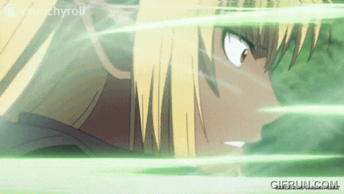 a close up of a person with crunchyroll written on the bottom