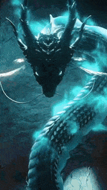 a dragon with blue flames coming out of it 's head