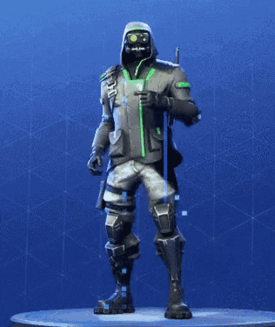 a video game character with a hood and green eyes is standing on a podium .
