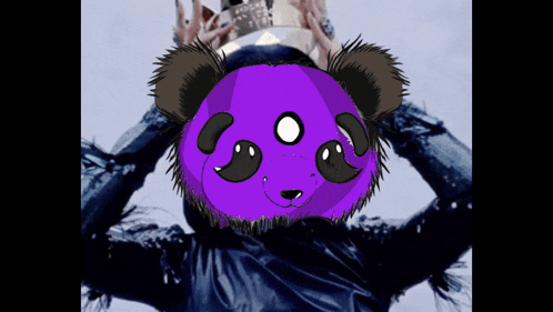 a drawing of a person with a purple panda mask on their face