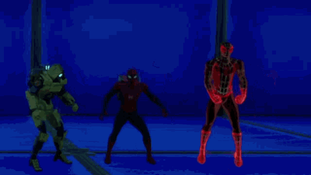 three superhero figures are dancing in a dark room .