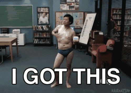 a shirtless man in underwear is dancing in a classroom with the words i got this written on the floor
