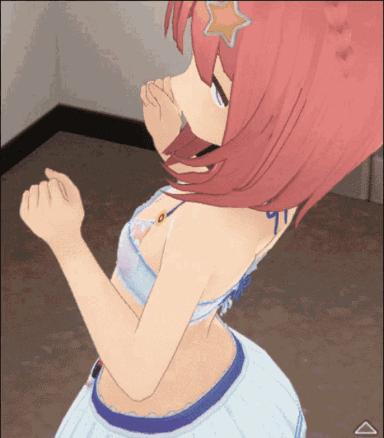 a girl with red hair is wearing a white top and a blue skirt