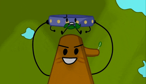 a cartoon character with a purple collar and a leaf in its mouth