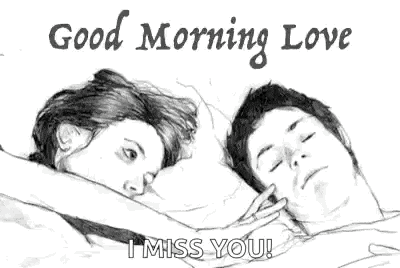 a black and white drawing of a man and a woman laying in bed .