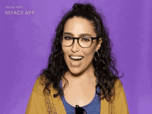 a woman wearing glasses is smiling in front of a purple background made with the reface app