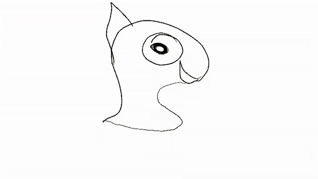 a black and white drawing of a parrot with a big eye
