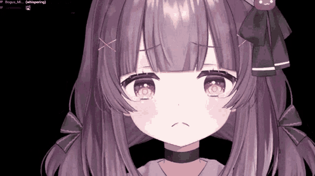 a girl with purple hair and pink eyes is making a sad face .
