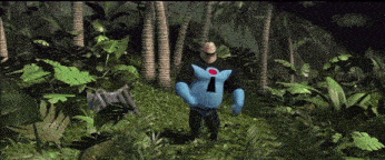 a cartoon character with an i on his chest stands in a jungle