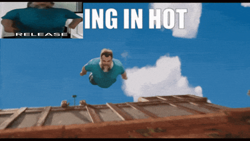 a man is flying through the air with the words " ing in hot " behind him