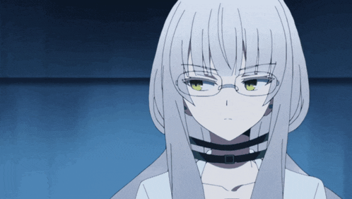a girl with glasses and a choker looks angry