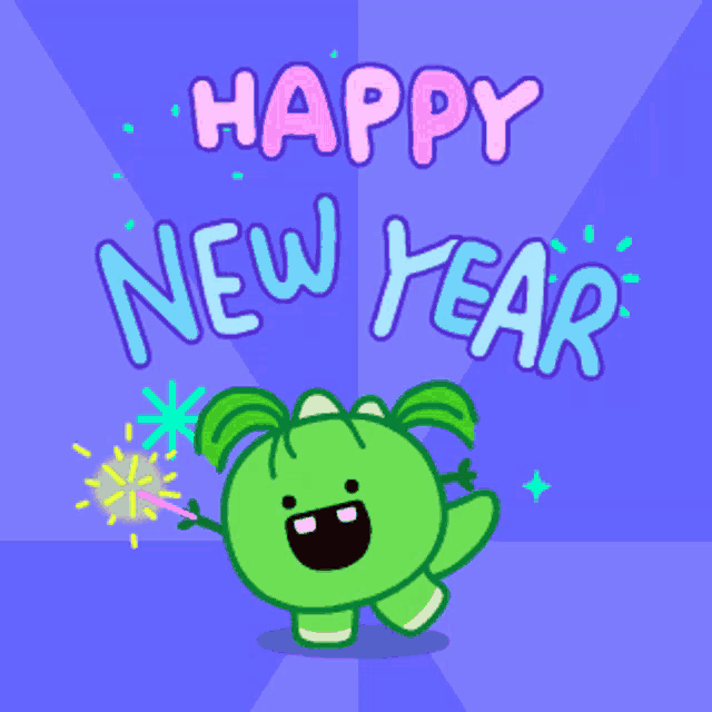 a happy new year greeting card with a green monster holding sparklers