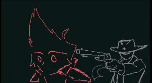 a drawing of a man pointing a gun at another man with horns