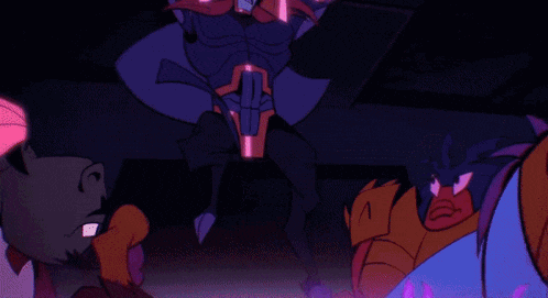 a group of cartoon characters are standing next to each other in a purple background .