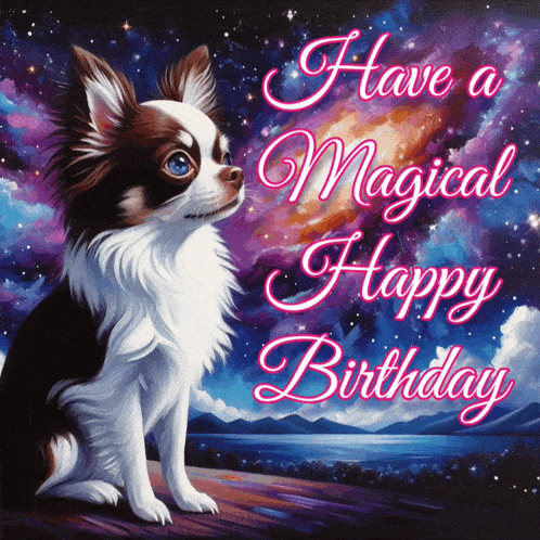 a painting of a chihuahua with the words have a magical happy birthday