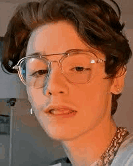 a young man wearing glasses and a chain around his neck is looking at the camera .