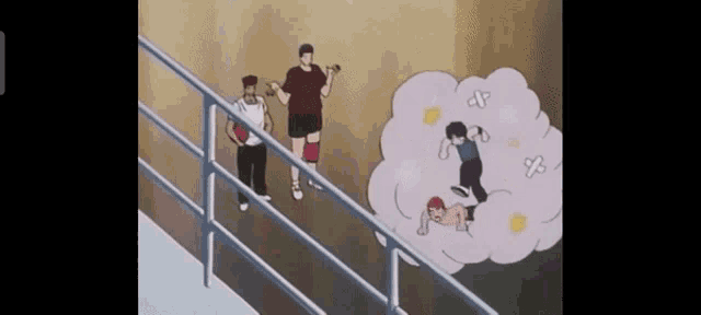 a group of people are standing next to each other on a balcony .