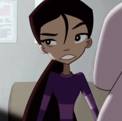 a cartoon girl in a purple shirt is standing next to a couch