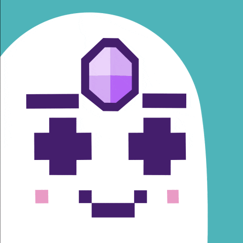 a pixel art drawing of a ghost with a purple stone on its head