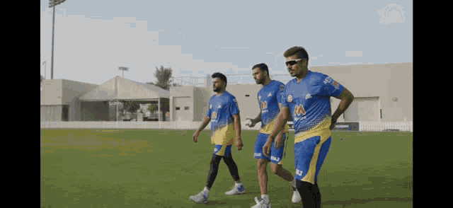 a group of men are walking on a cricket field .