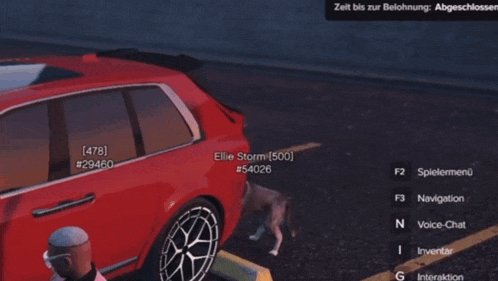 a red car is parked in a parking lot with a person named ellie storm