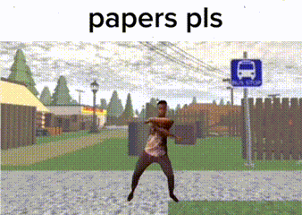 a man dancing in front of a bus stop with the words papers pls above him