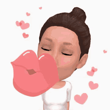 a cartoon woman is blowing a kiss with pink lips surrounded by pink hearts .