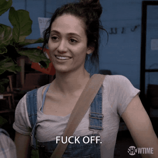 a woman in overalls says fuck off in a showtime advertisement