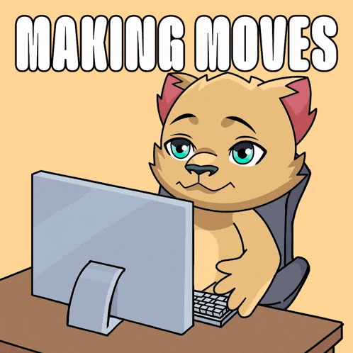 a cartoon of a cat sitting in front of a computer with the words " making moves " above it