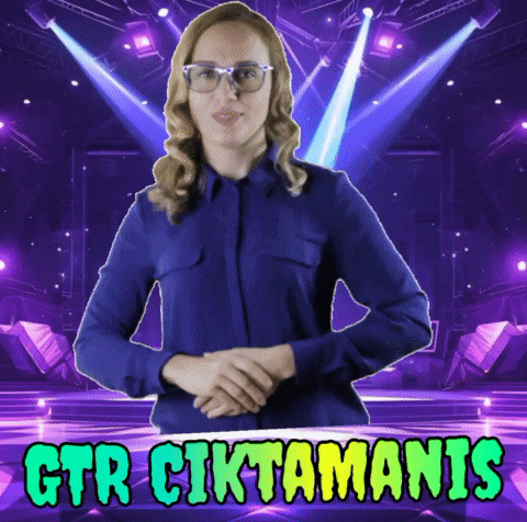 a woman in a blue shirt is standing in front of a purple background with the words gtr ciktamanis